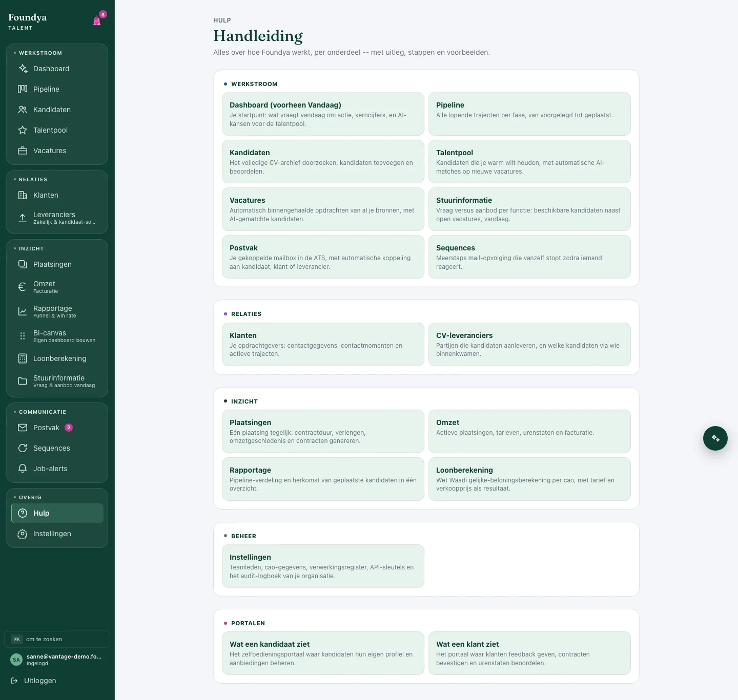 In-app handleiding met uitleg per onderdeel van het platform