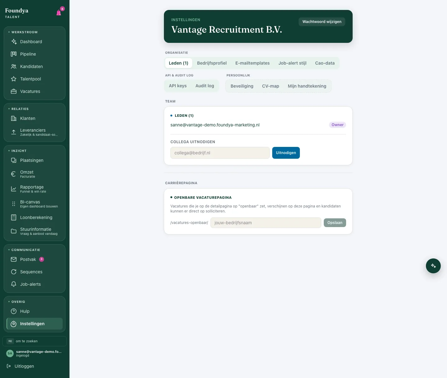 Instellingen met teambeheer, API-keys en lokale CV-map-koppeling