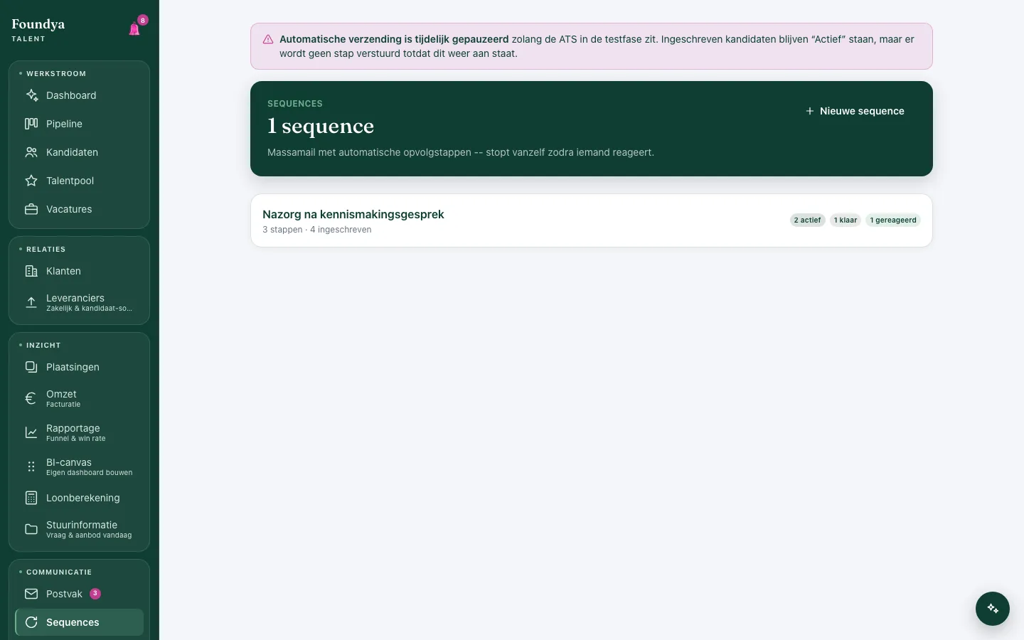 Sequences-overzicht met stappen, inschrijvingen en status per e-mailreeks