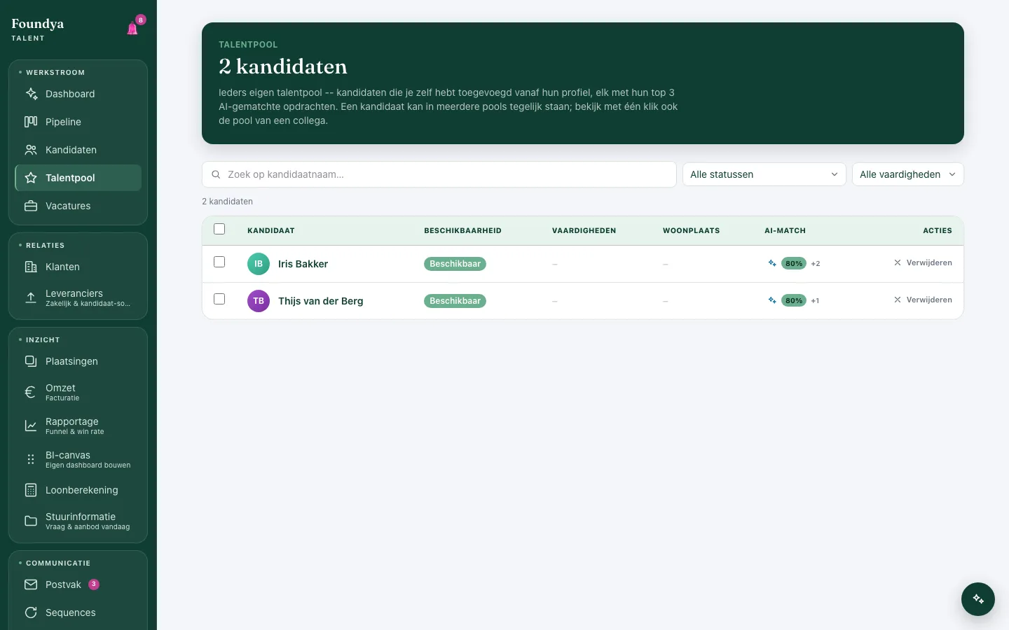 Talentpool met AI-match als losse badge, kolommen voor skills, locatie en beschikbaarheid, en een filterbalk